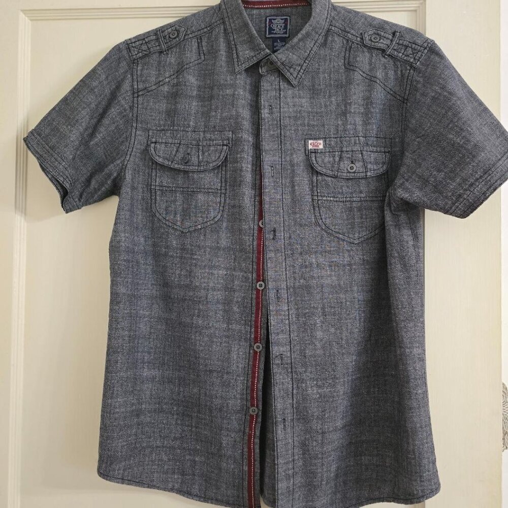 L Black Jack Young Men Slub Chambray Charcoal Button Shirt 100% Cotton w/Pockets